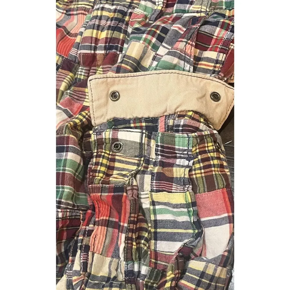 Gap Kids Madras Plaid Cargo Shorts Blue Yellow Green Flat Front Preppy Size 12